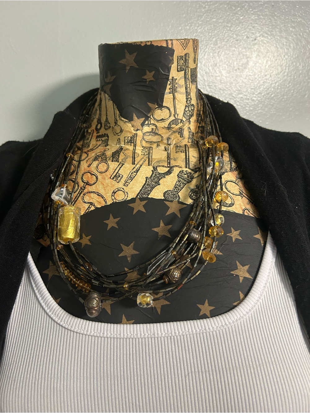 Multi-Strand Black and Amber Glass Bead Necklace - Women Jewelry
